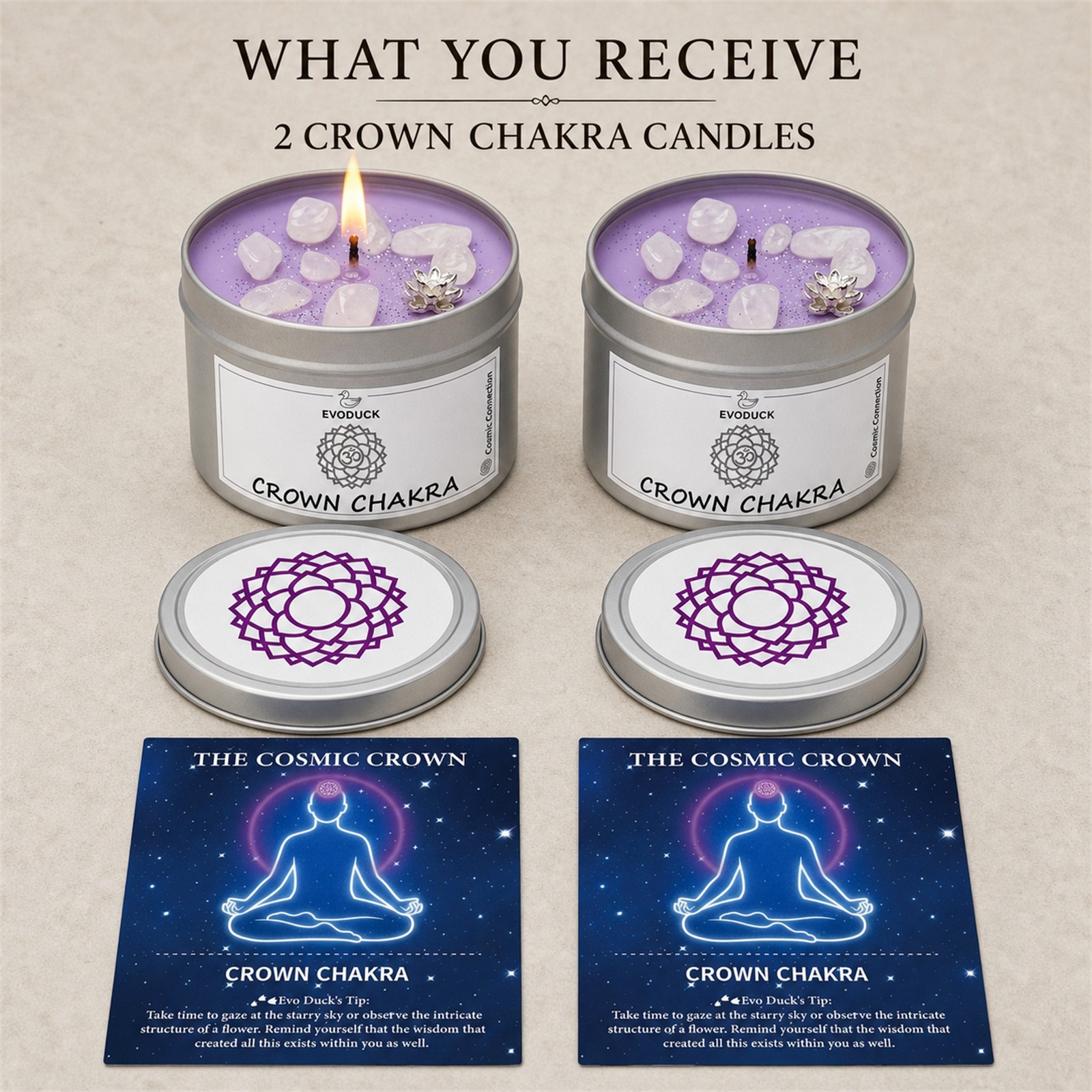 2-Pack EVODUCK Crown Chakra Healing Candles, Clear Quartz, Purification, 3 oz