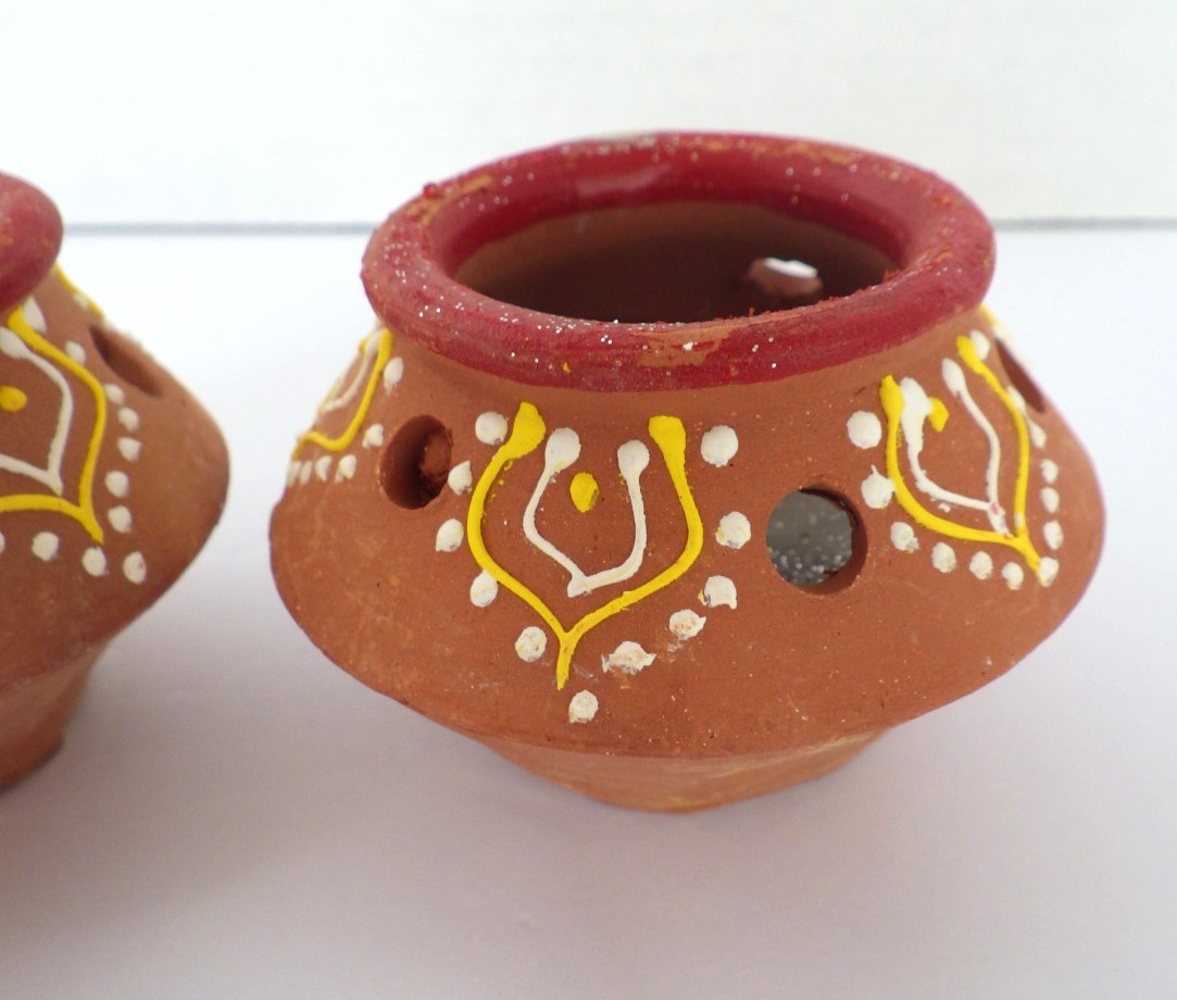 Terra Cotta Clay Diya Candles Hand Painted Set Of 2 India