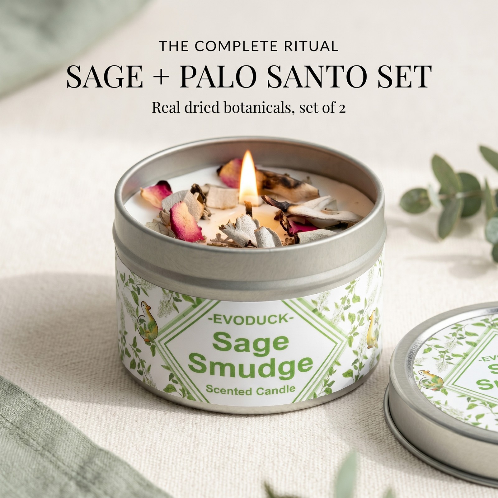 2 Pack Sage & Palo Santo Smudge Candle Soy Cleansing Dried Botanicals Gift Set