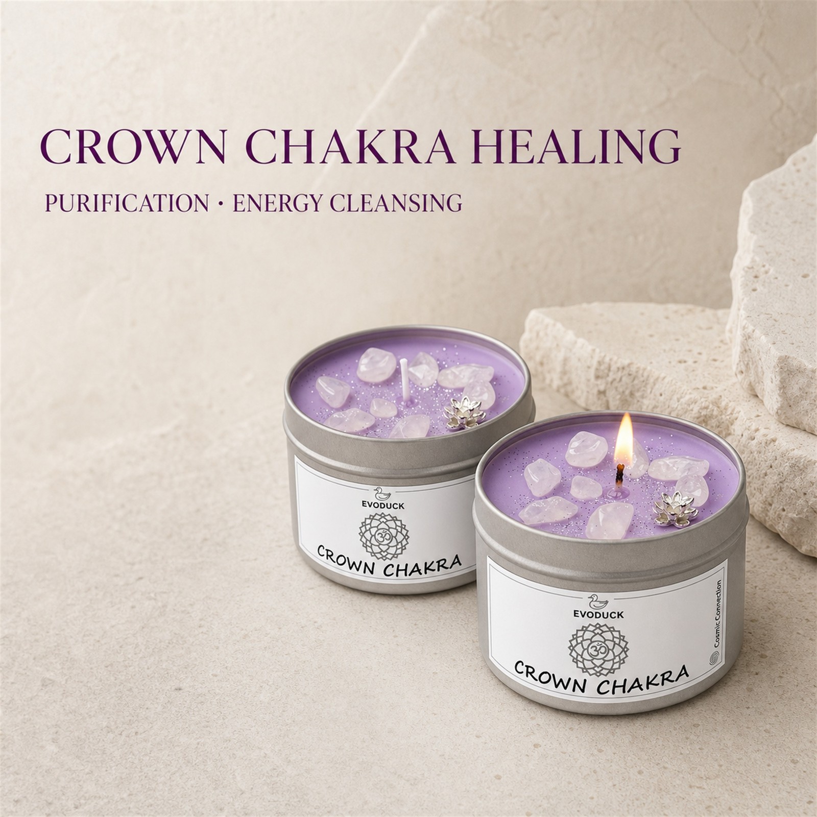 2-Pack EVODUCK Crown Chakra Healing Candles, Clear Quartz, Purification, 3 oz