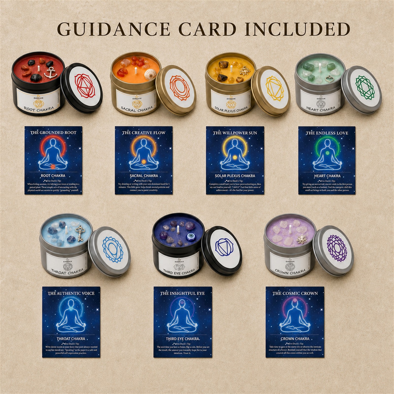 7-Piece EVODUCK Chakra Healing Candle Gift Set, Crystals, Balance Chakras