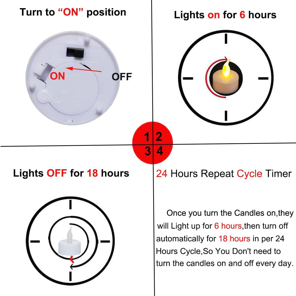 Led Tea Lights with Timer 6 Hours on and 18 Hours off in 24 Hours Cycle