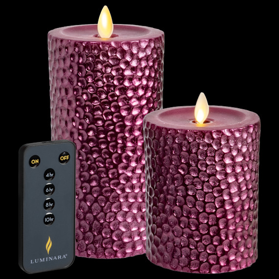 Luminara 2-Piece Flameless 4″ & 6″ Metal Hammered Pillar Set (Plum)