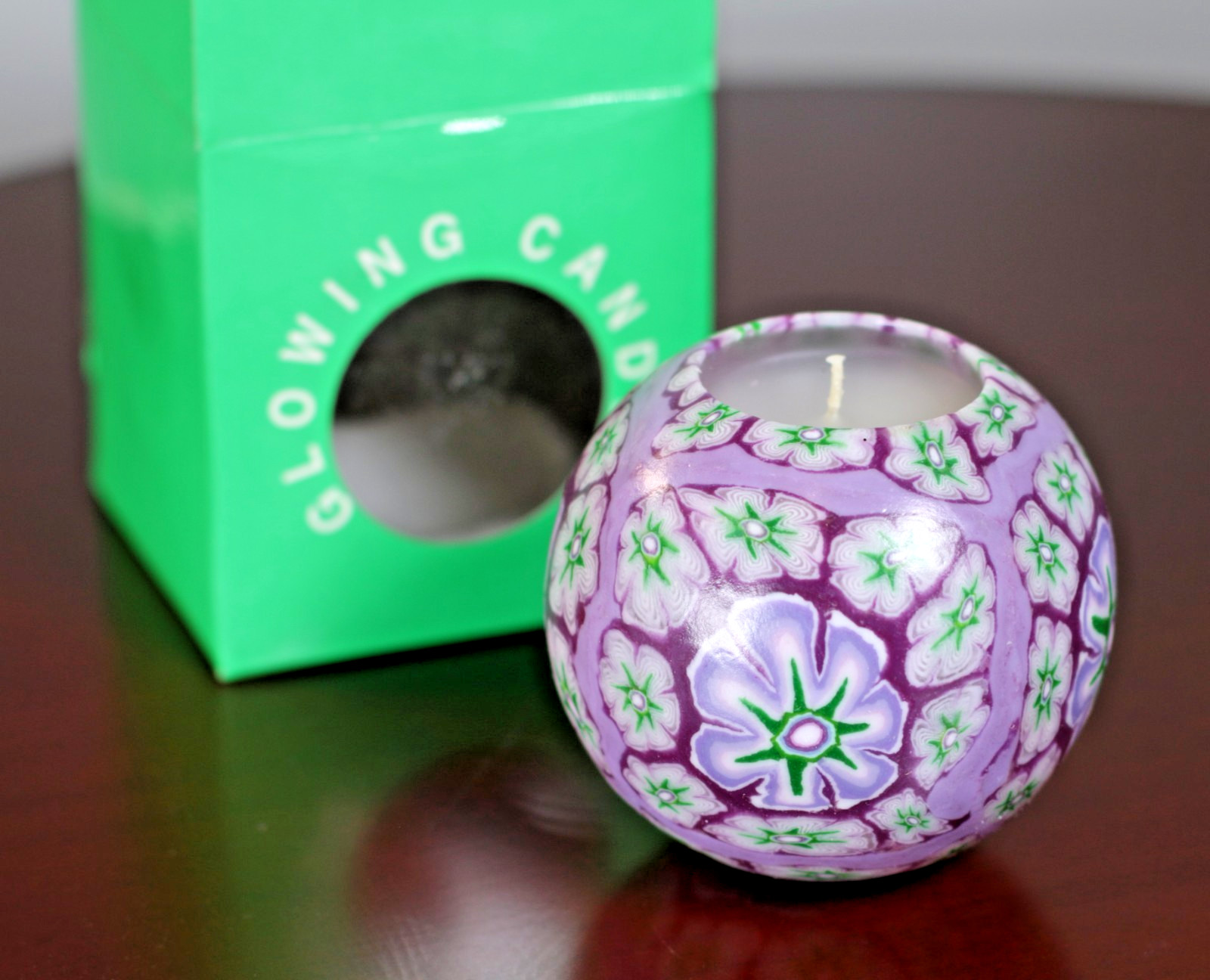 Millefiori Glowing Candle Green Purple Orb Mosaic Flower Psychedelic 90s NOS