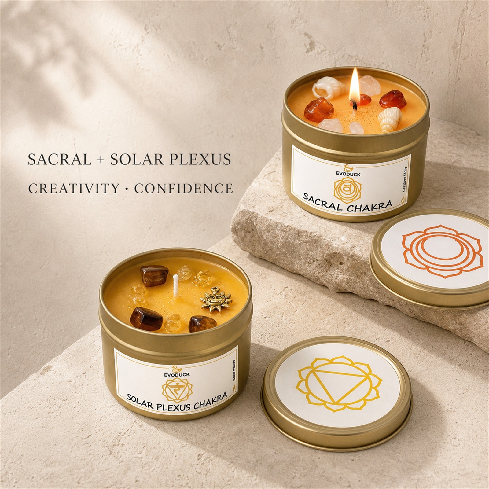 2-Piece EVODUCK Sacral & Solar Plexus Chakra Candles, Crystals, Success