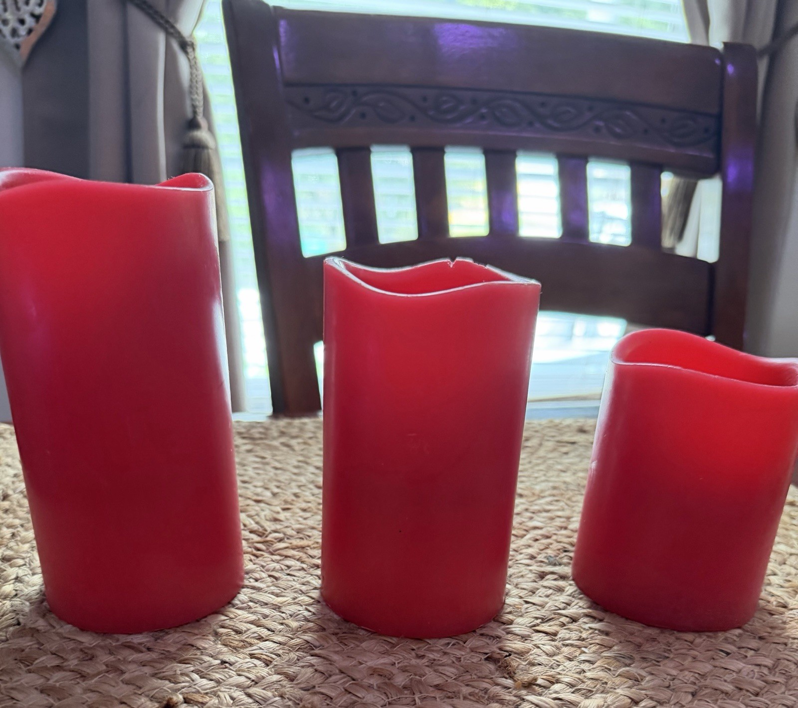 Set of 3 Red Wax Pillar Candles, 3 AAA BATTERIES NEEDED.Decorative Candle Set