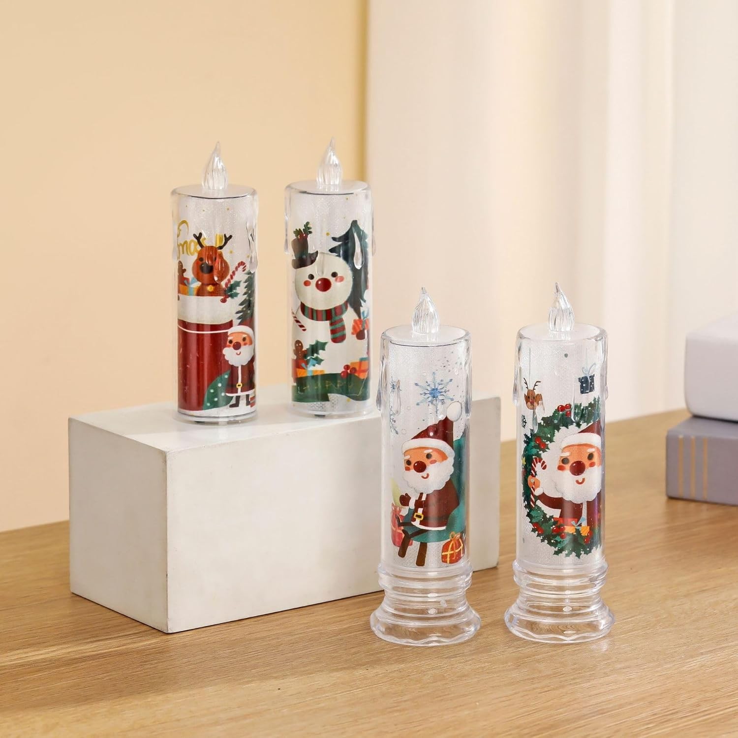 4-Pcs Christmas Flameless Candle Set, 5.12 Inches Tall, Christmas LED Candles wi