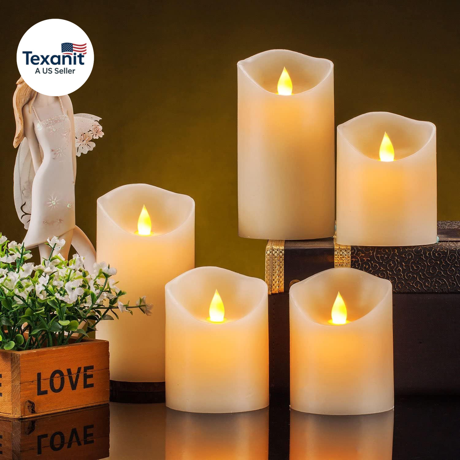 Flameless Candles, Flickering Moving Flame LED Candles Set of 5 (Size: D: 3″ X H