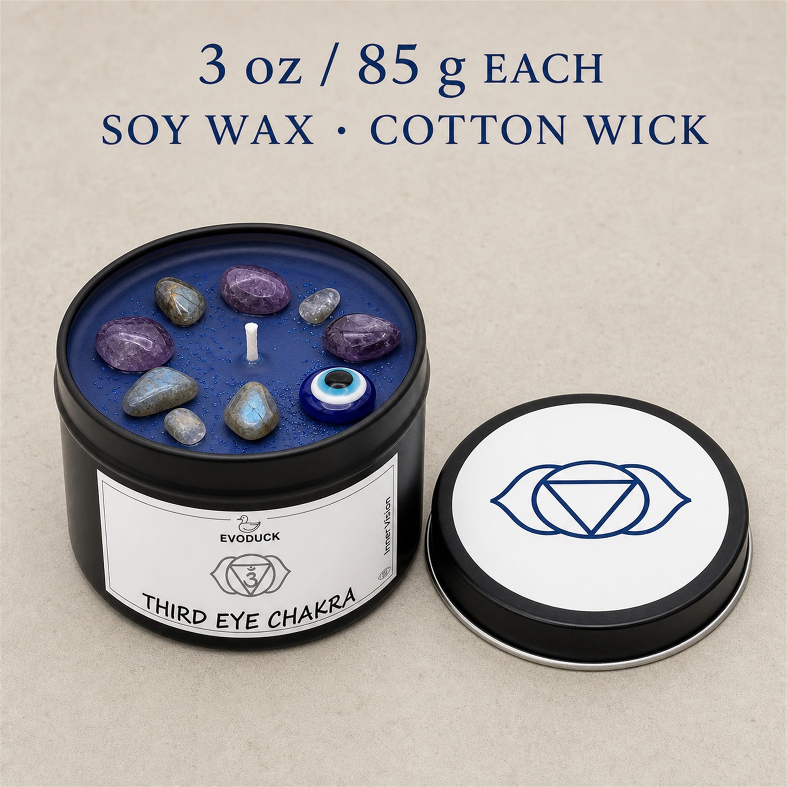 2-Pack EVODUCK Third Eye Chakra Healing Candles, Crystals, Meditation, 3 oz