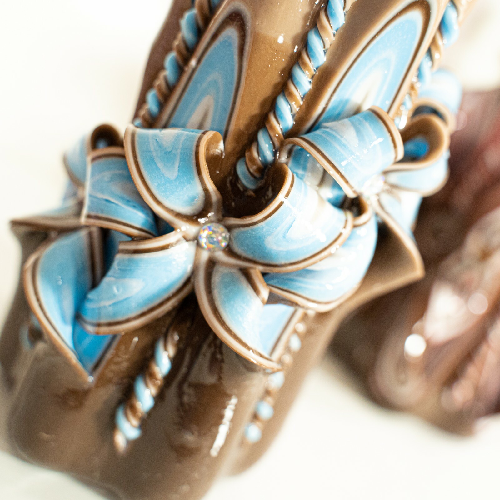Blue Flowers – Carved candle – Easter – Gift Wedding Brown Blue