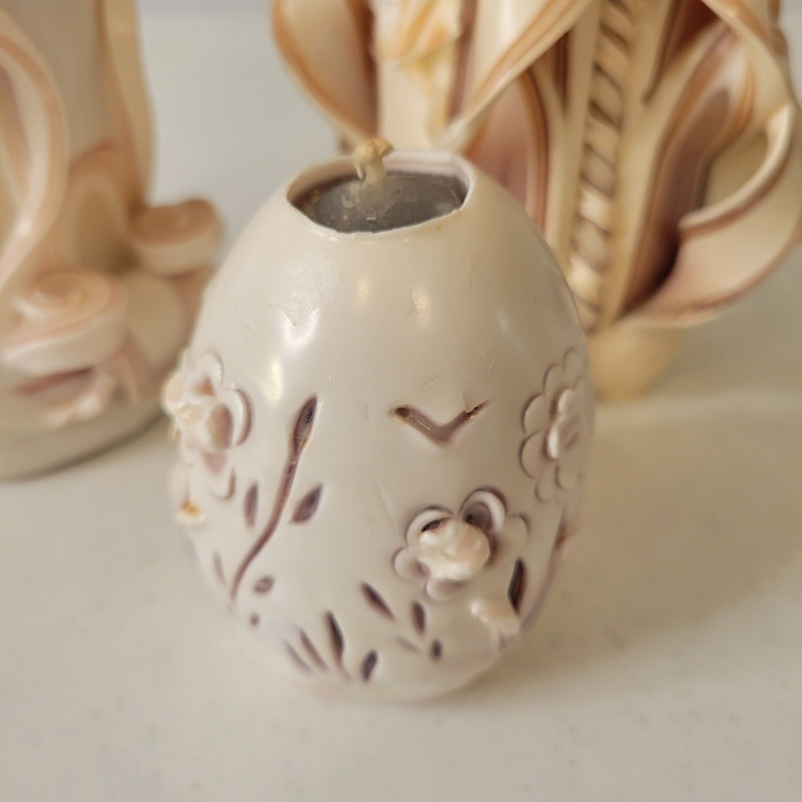 North Georgia Candle Works Carved Wax Art Set 3 Cream Tan Mauve Purple Vtg 1992