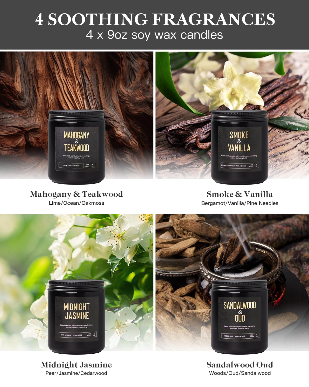 Crackling Wood Wick Candles for Men: 4 Pack 36oz Soy Scented Candles for Home…