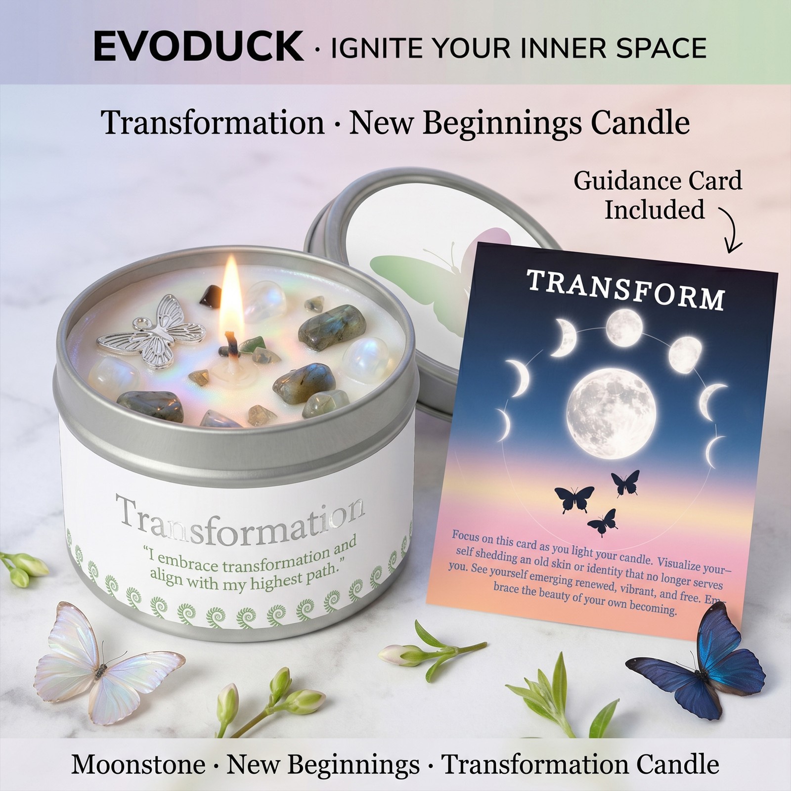 1 Pack EVODUCK New Beginnings Crystal Candle Moonstone Transformation 3 oz