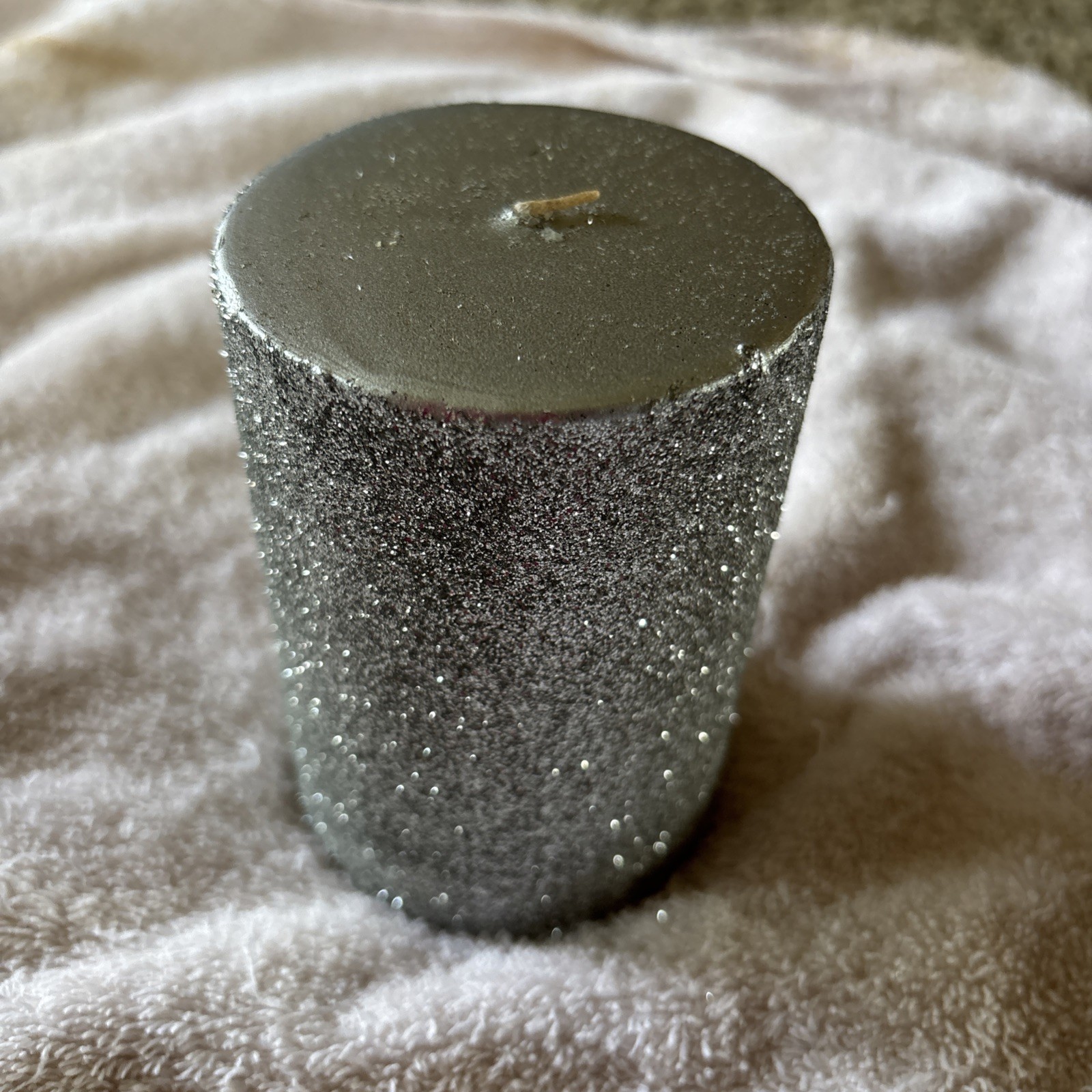 NIP Silver Glittery 4 In Tall Candle/3 In W/glitter/Sparkly/Metallic/lead Free