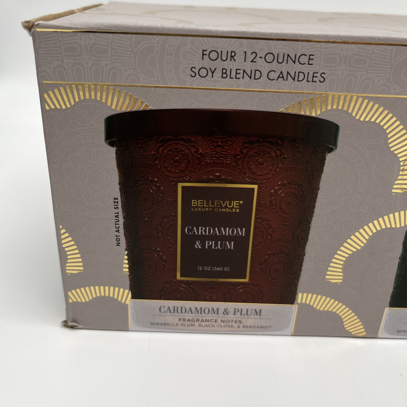 3 Bellevue Luxury Candles Embossed Glass Jars Soy-Blend, Monk, Fern and Cardamom