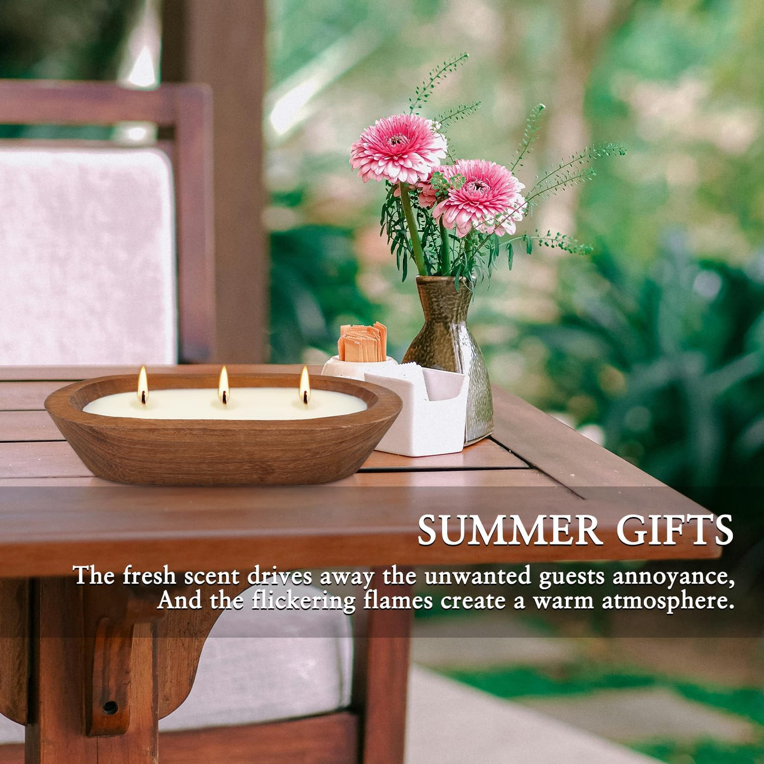 Citronella Scented 3-Wick Candle Oval Wood Bowl Candle, Clean Burning