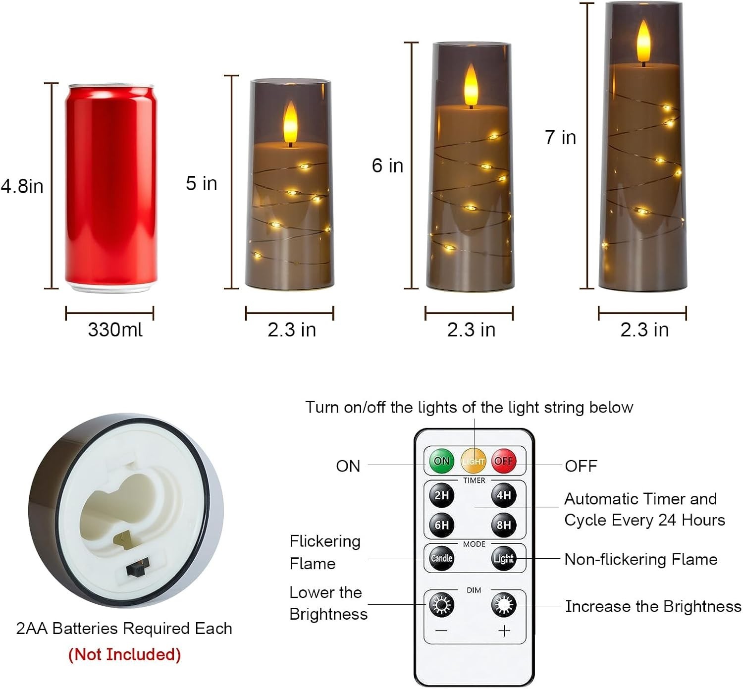 Flameless Battery Operated Pillar Candles with Remote Timer, Grey | Acrylic L…
