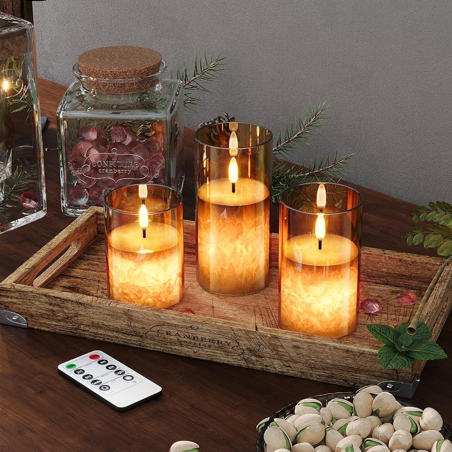 Dimmable Gold LED Flameless Candles with Remote – Sparkling Warm Glow, 3 Pack