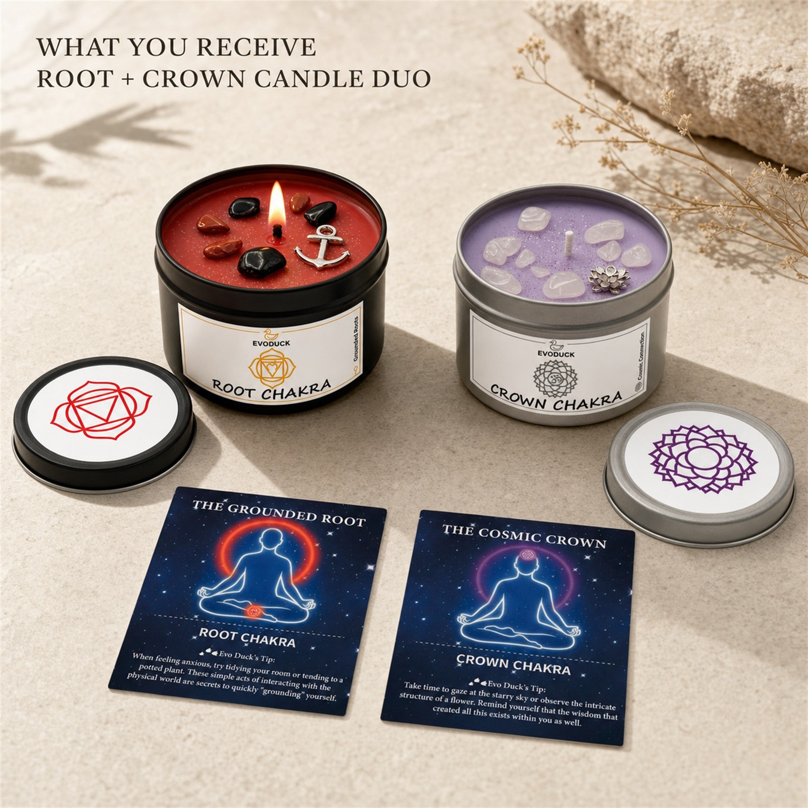 2-Piece EVODUCK Root & Crown Chakra Candles, Crystals, Positive Energy