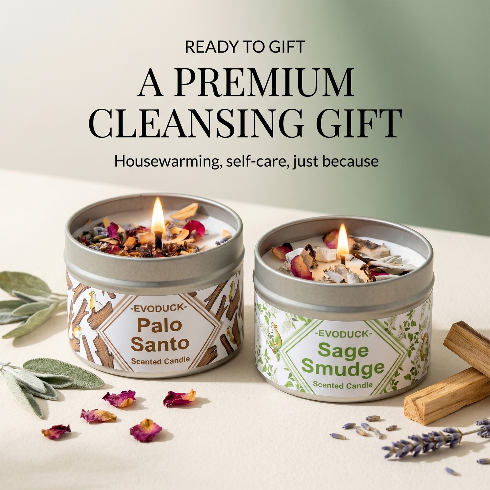 2 Pack Sage & Palo Santo Smudge Candle Soy Cleansing Dried Botanicals Gift Set