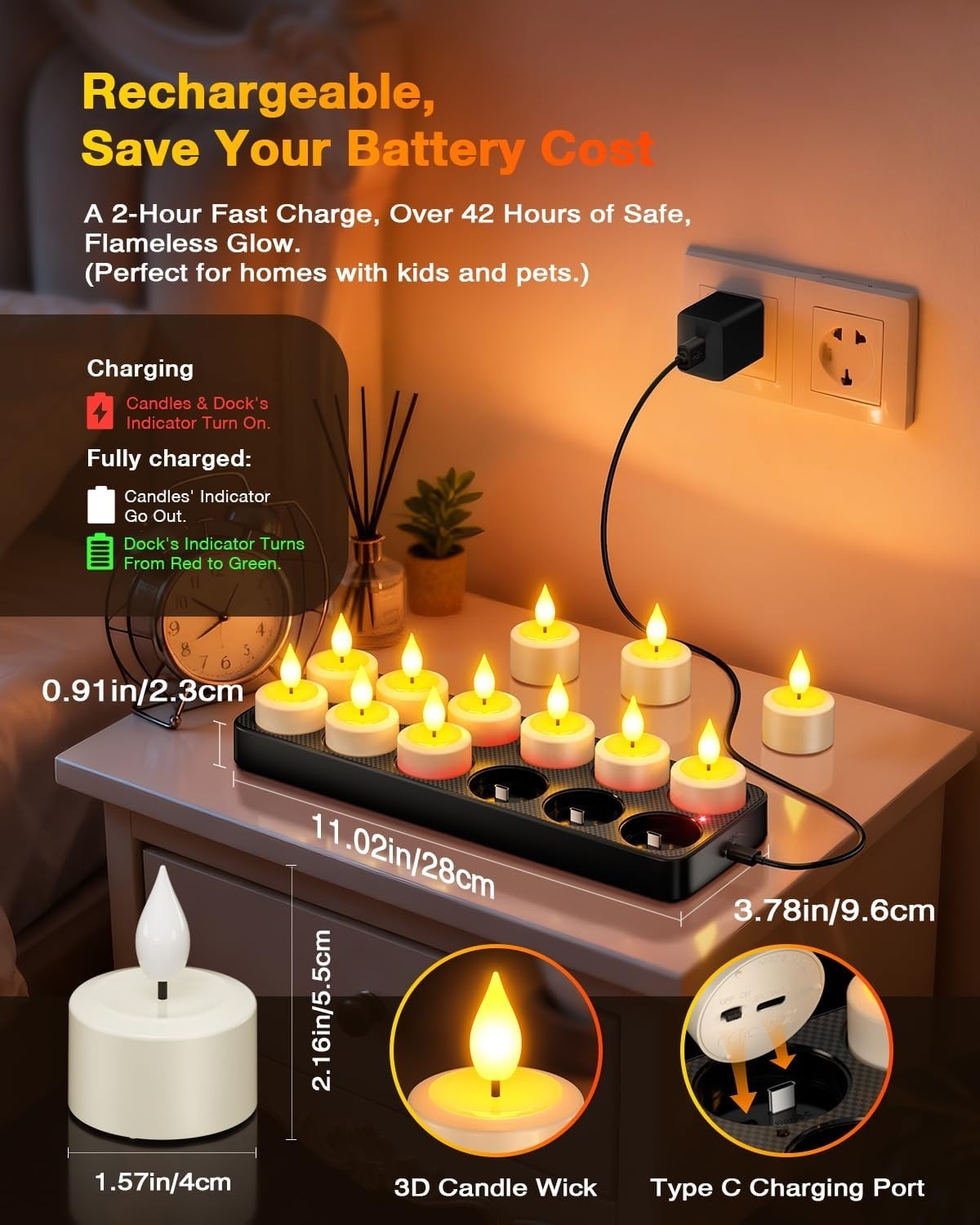 Yme Rechargeable Tea Lights with Remote & Charging Base, 12 Pack Flameless Candl