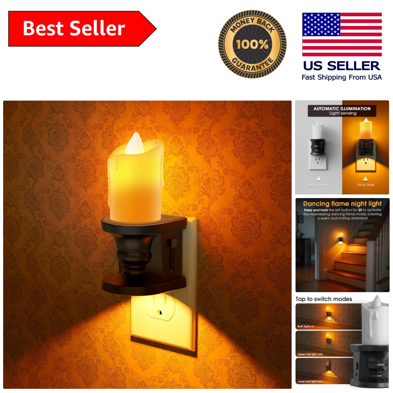 Flameless Plug-in Candle Night Light Set – Warm Amber Glow, 2 Adjustable Modes