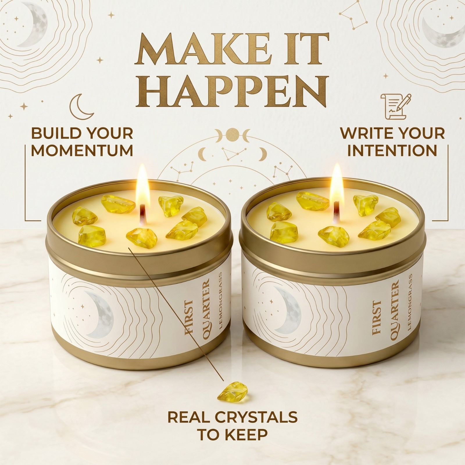 2 Pack Waxing Moon Candle Crystal Soy Manifestation Witchy Celestial Ritual Gift