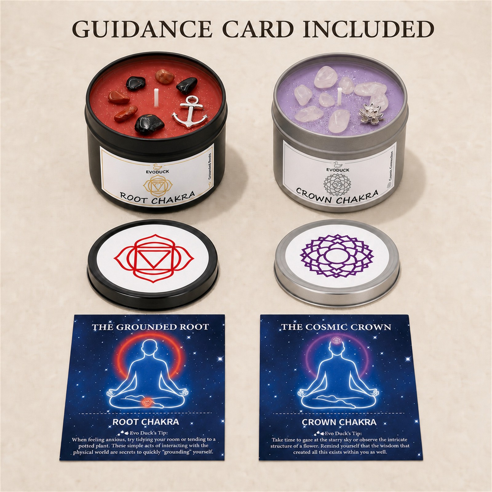 2-Piece EVODUCK Root & Crown Chakra Candles, Crystals, Positive Energy