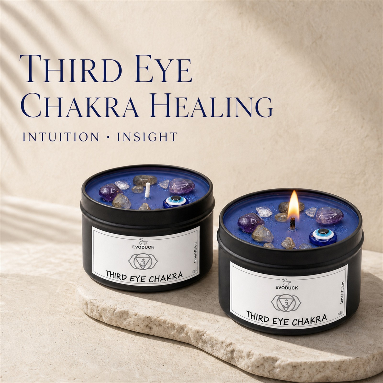 2-Pack EVODUCK Third Eye Chakra Healing Candles, Crystals, Meditation, 3 oz