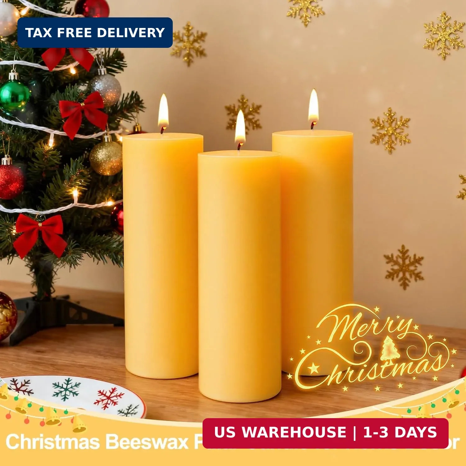 3 Pack Natural Beeswax Pillar Candles,2x6in Large Pure Beeswax Candles-180 Hours