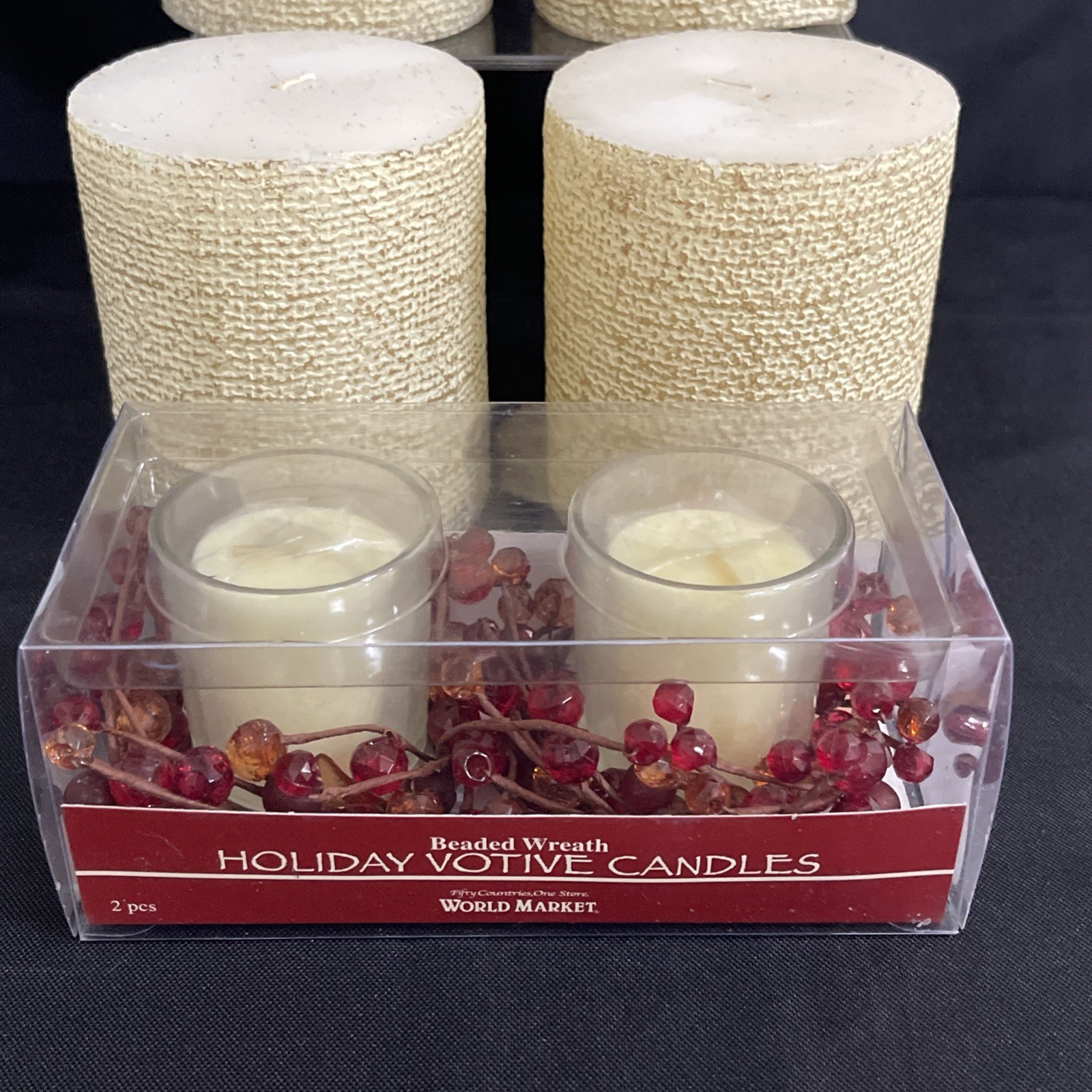 4 Vintage Pier 1 Ivory Beaded Pillar Candles 4×4 + 2 Votives Home Decor