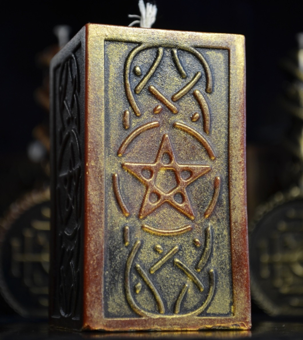 Pentagram Beeswax Pillar Candle Hand Painted Gold Occult Altar Decor Witchy Gift