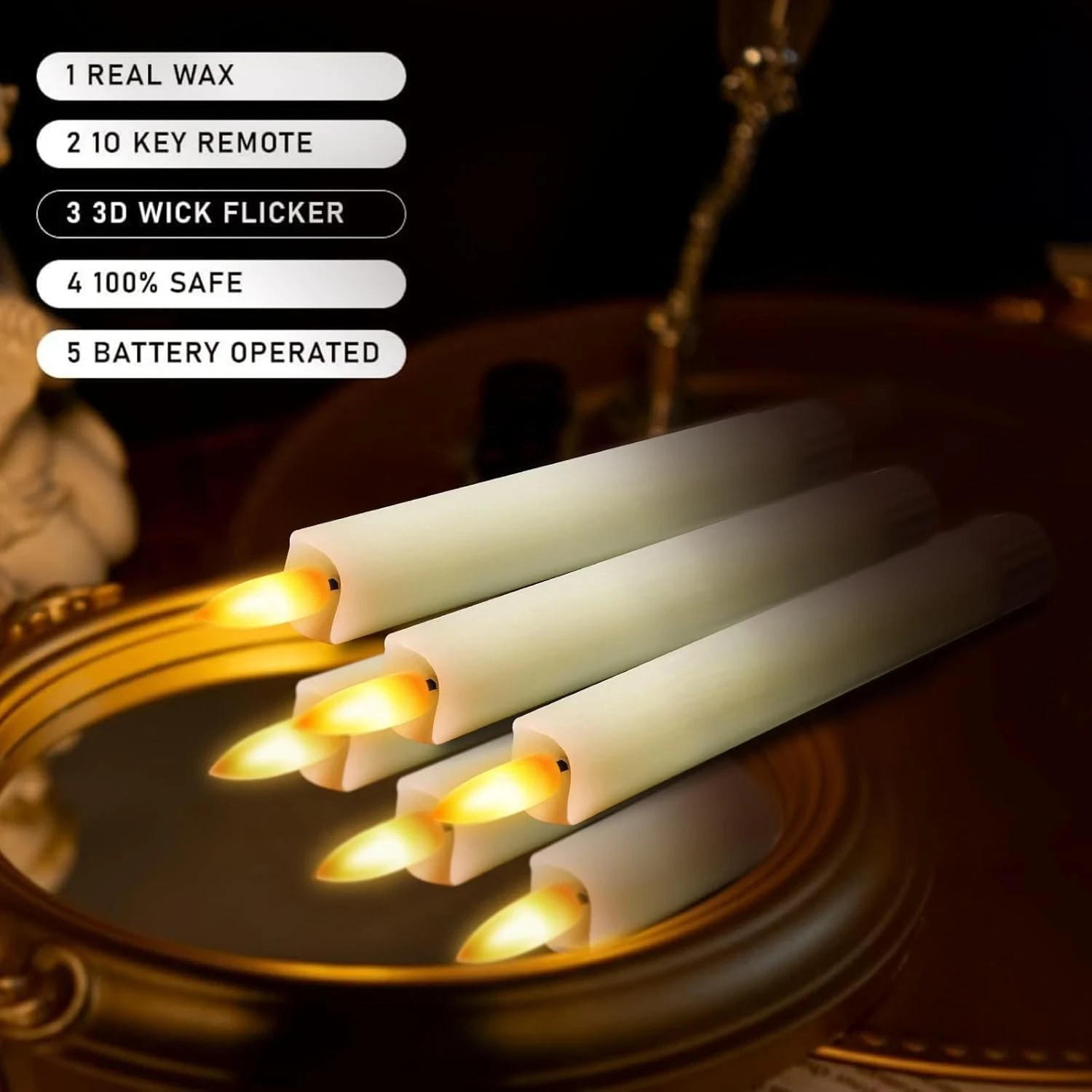 Set of 6 Luminara Flameless Battery Taper Candles Remote Moving Wick 6″