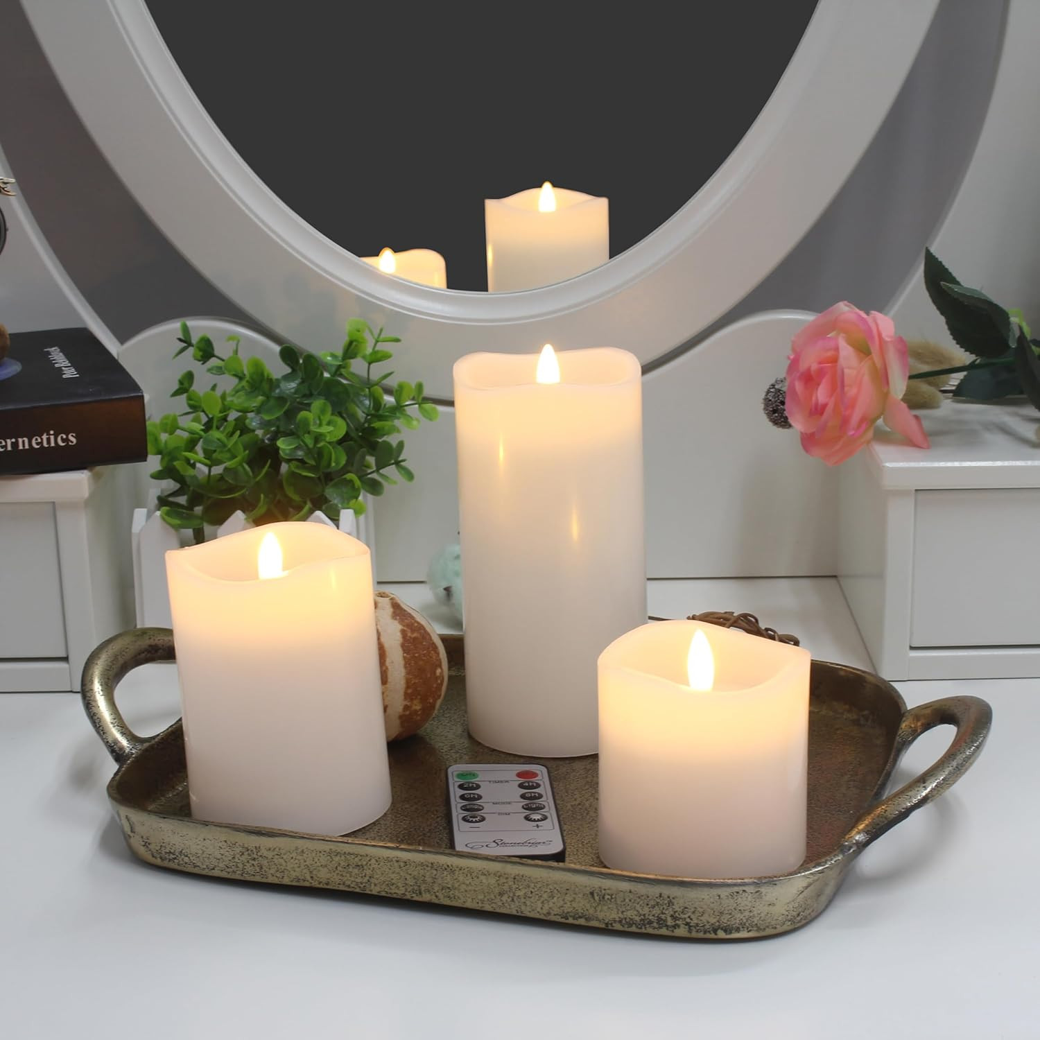 3 Pack White Real Wax Assorted Size Flameless LED Pillar Candles with Remote and