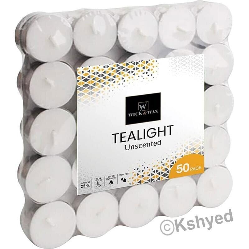 50 PCS Unscented Tealight Candles 2.5 Hour Burn Time White Dripless Long Lasting