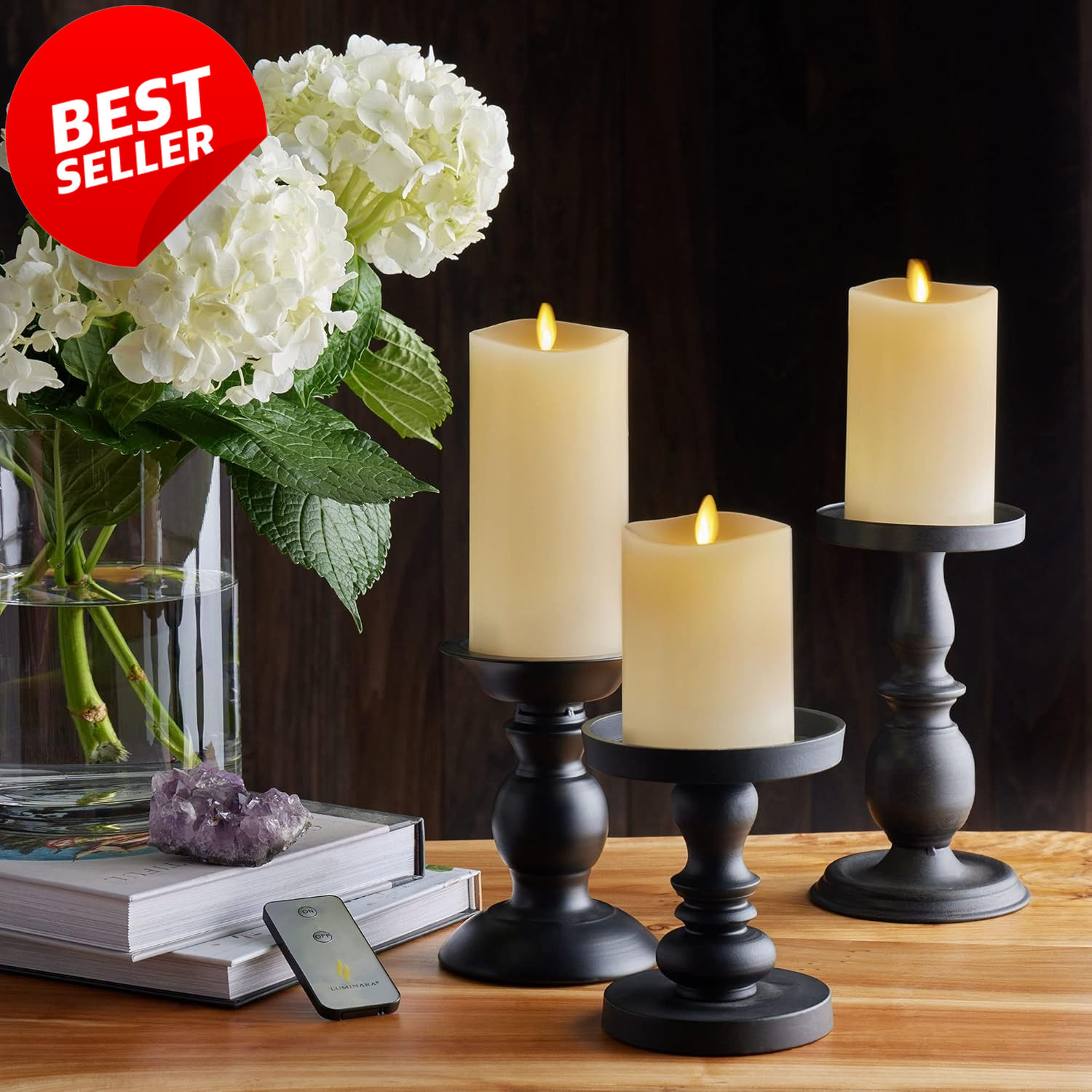 Flameless LED Pillar Candles Set of 3 Ivory Moving Flame Remote Timer – US