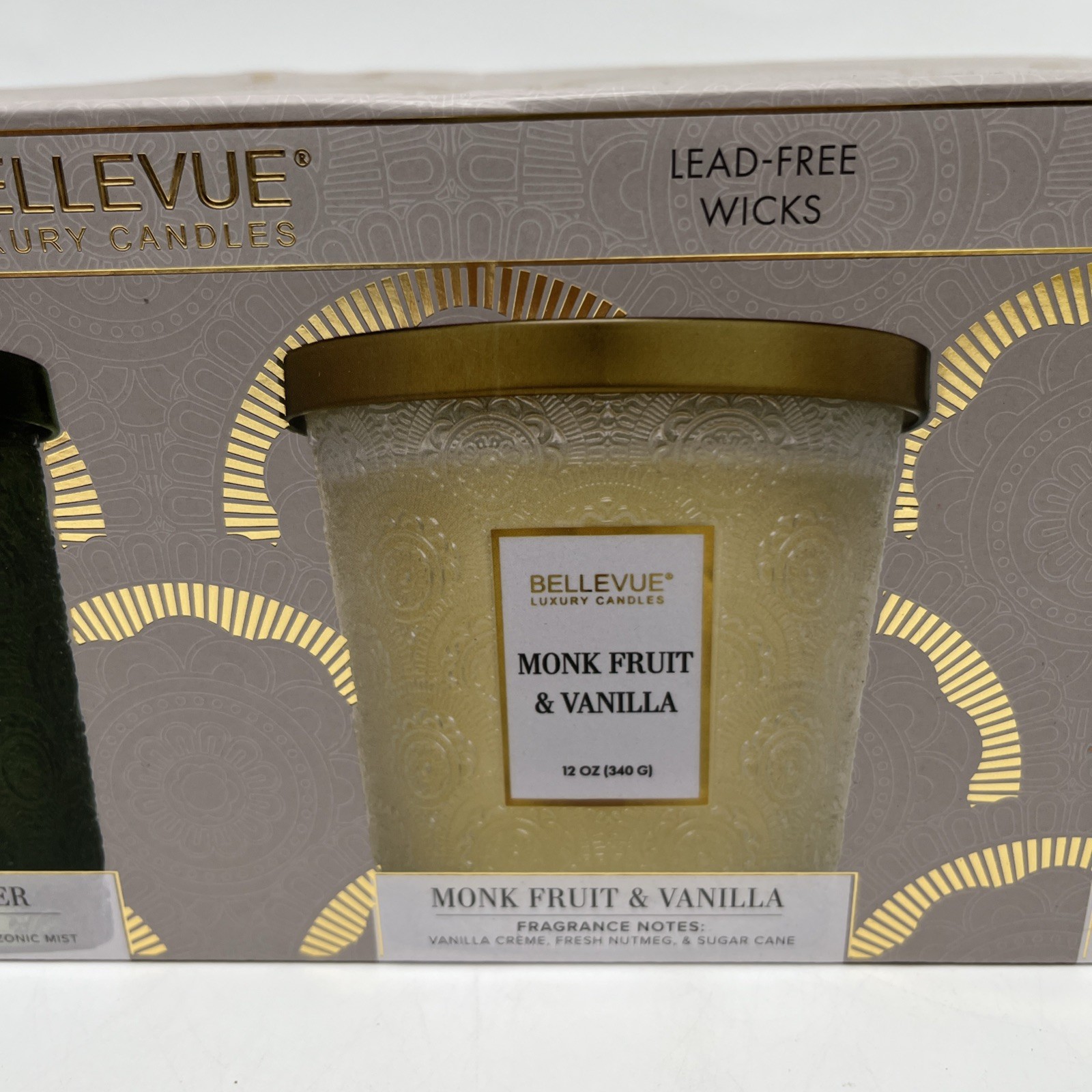 3 Bellevue Luxury Candles Embossed Glass Jars Soy-Blend, Monk, Fern and Cardamom