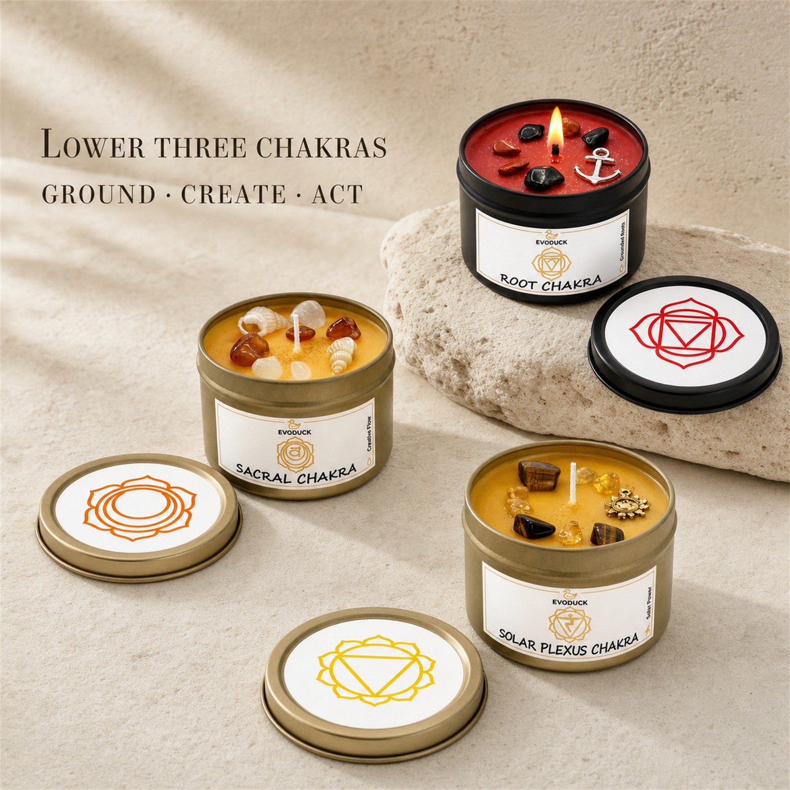3-Piece EVODUCK Lower Chakra Healing Candle Set, Crystals, Balance Chakras