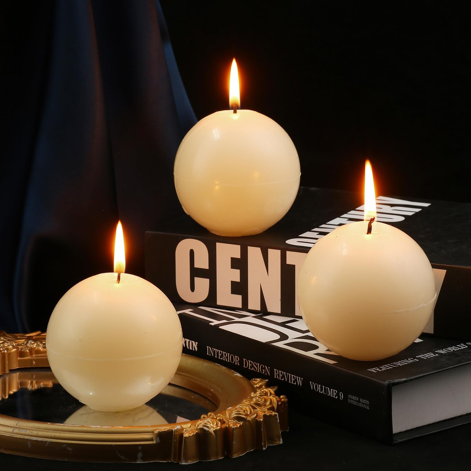 Ball Pillar Candles Set of 3 Ivory 3Inch Unscented Handpoured Weddings, Home