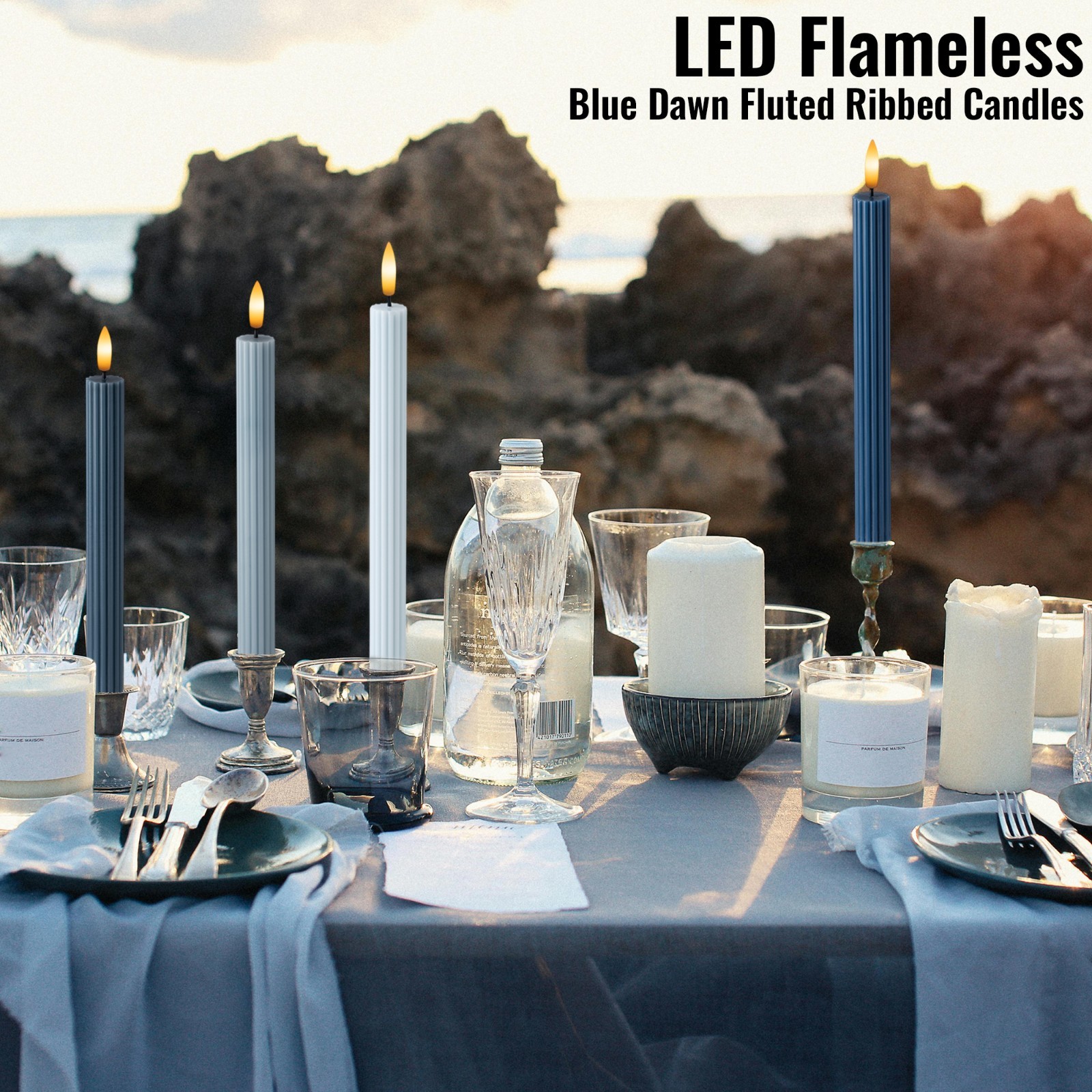 10″ Fluted Ribbed LED Blue Grooved Pillar Candles Remote & 24h Timer Memory