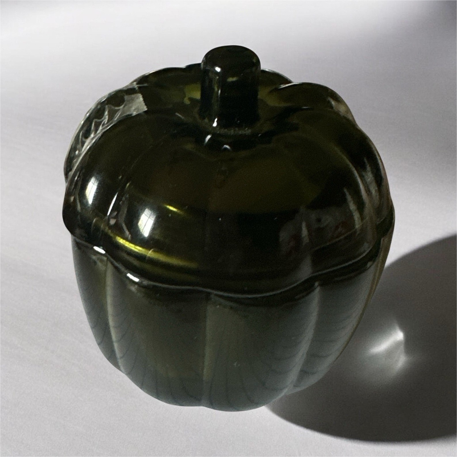 New Green Glass Pumpkin Candle Jar w Lid Fall Autumn Halloween Decor 3”