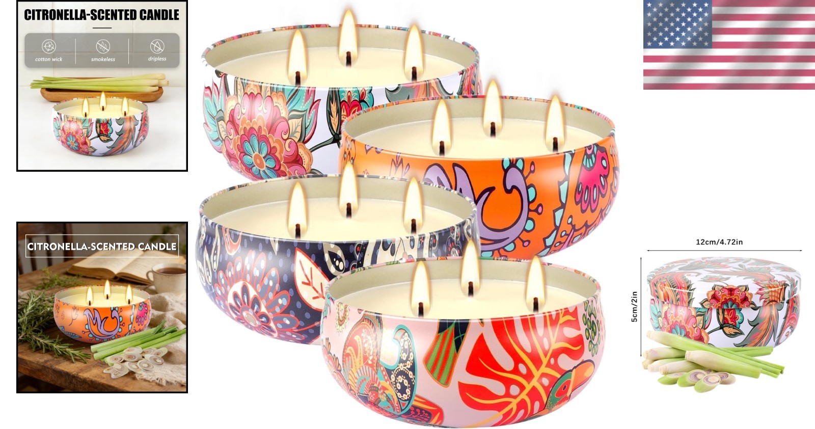 Large Citronella Scented Candle – 3 Wick Indoor & Outdoor Boho Decor Essential