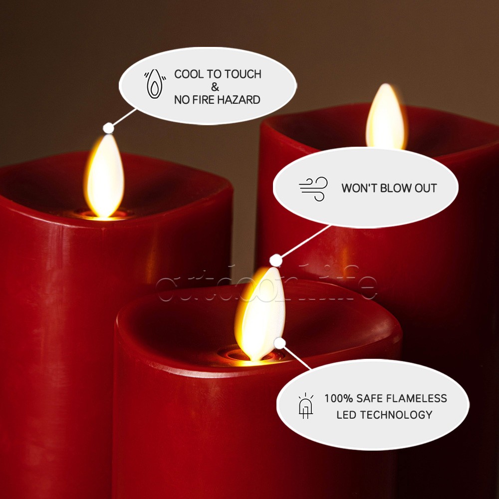 Set of 3 Luminara Flameless Moving Flame Pillar Wax Candles with Remote Burgundy