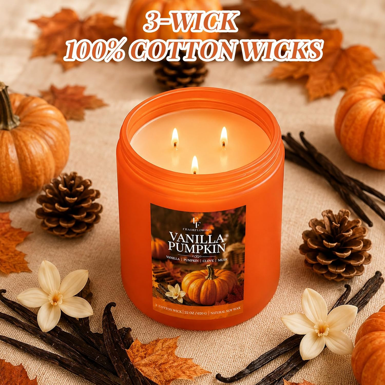 Large Fall Candle Vanilla Pumpkin Scented, 3-Wick 22Oz Long Lasting | Soy Wax