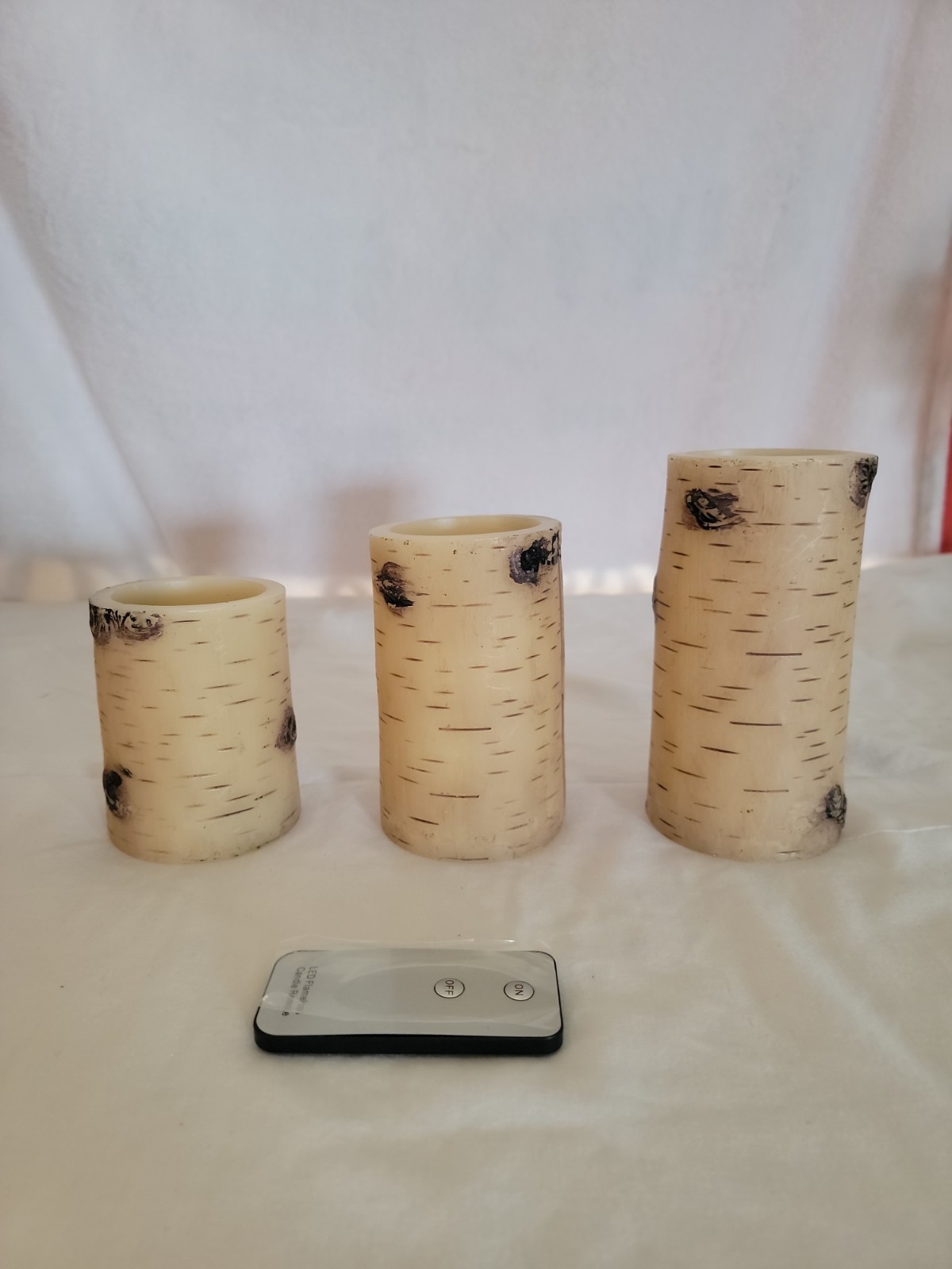 3 Birch Candles W/ Electronic Wick. Remote, runs On 3 AAA Batteries