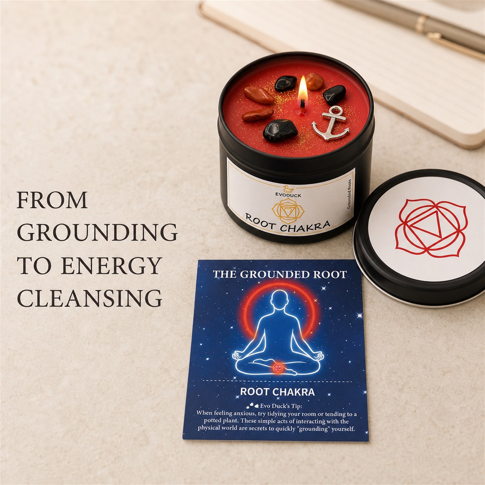 2-Piece EVODUCK Root & Crown Chakra Candles, Crystals, Positive Energy