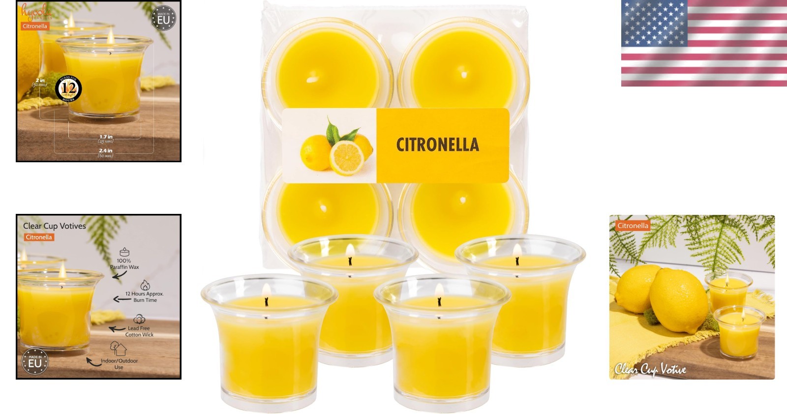 12 Hour Citronella Votive Candles – Clear Cup Design – 4 Pack – Art Deco Style