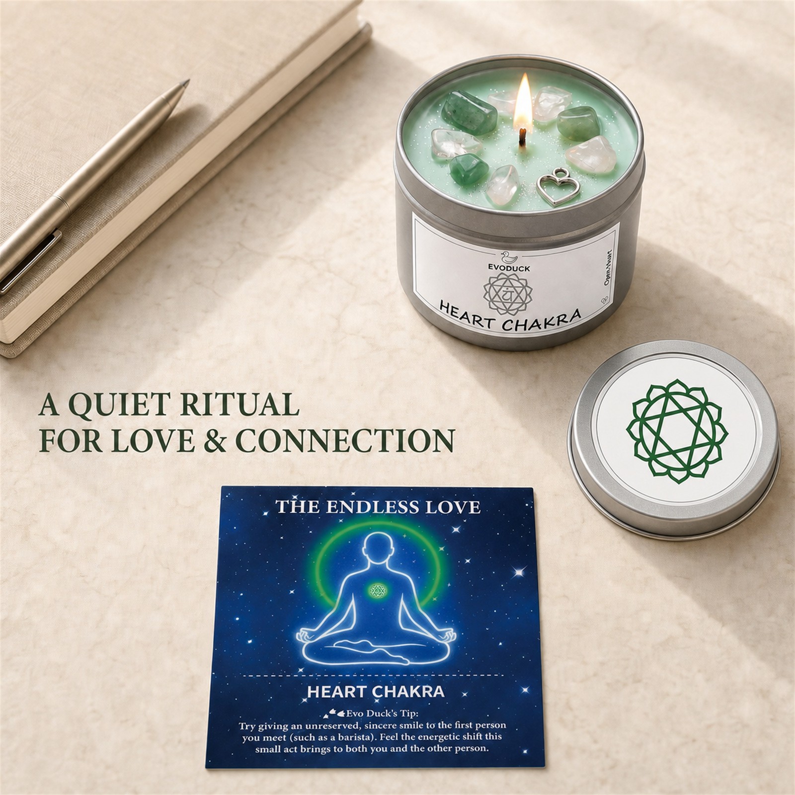 2-Pack EVODUCK Heart Chakra Healing Candles w/ Crystals, Rose, 3 oz