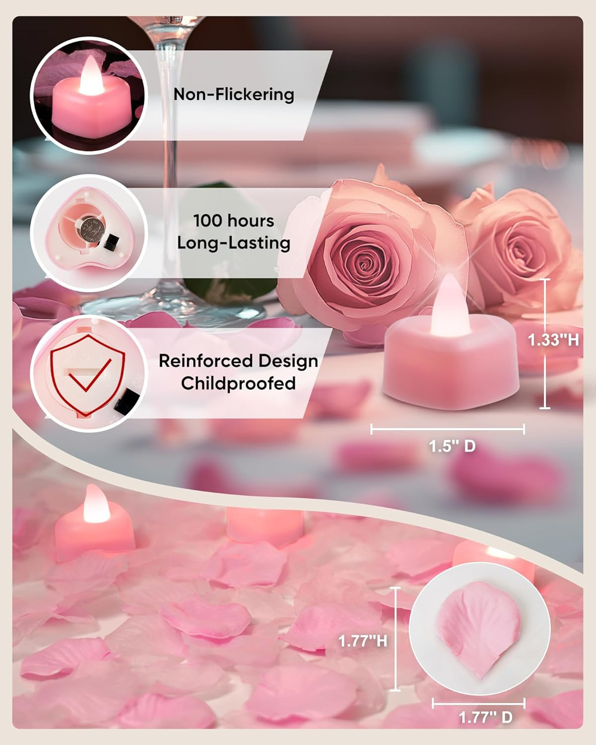 1000 Pieces Pink Artificial Rose Petals with 12 Pink Heart LED Tea