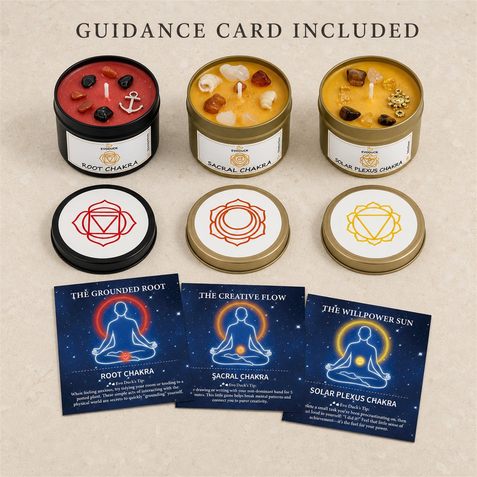 3-Piece EVODUCK Lower Chakra Healing Candle Set, Crystals, Balance Chakras